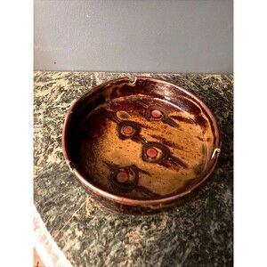 70s Mid Century Ashtray Orange Brown Drip Medium Hobbyist MCM Catch-all